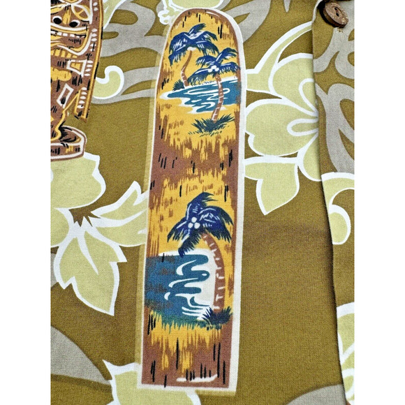 Vintage Howie Hawaiian Shirt Men XL Tiki Surf Board Wooden Buttons Camp Hibiscus - Picture 5 of 9